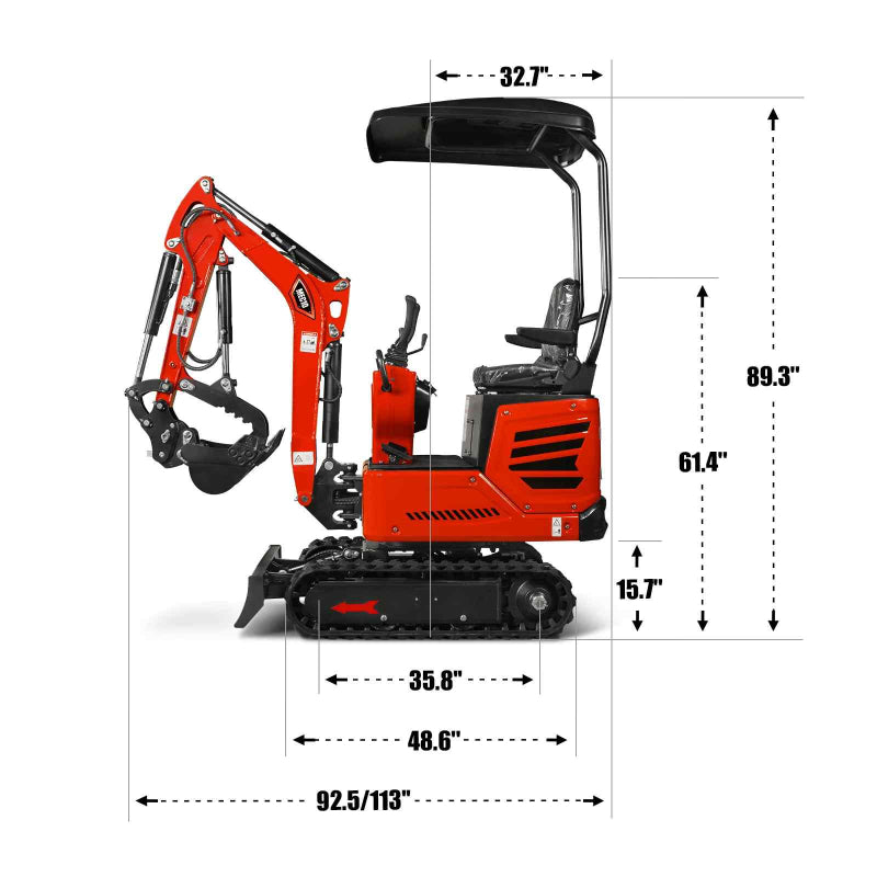 side view of red MechMaxx MEC10 mini excavator with Honda GX390 engine and detailed dimension annotations gallery position 1