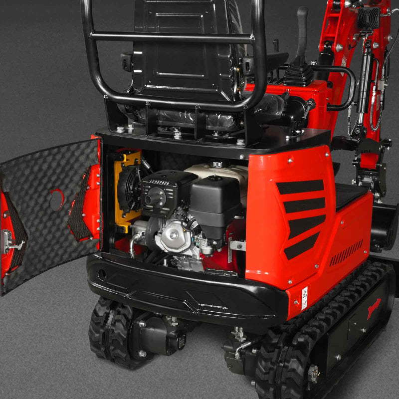 rear view of MechMaxx MEC10 mini excavator with open engine compartment showing Honda GX390 engine components gallery position 1