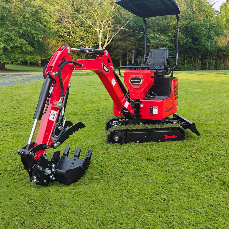 right side view of red MechMaxx MEC10 mini excavator with canopy and digging bucket resting on grass gallery position 1