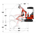 side profile of red MechMaxx MEC10 mini excavator with Honda GX390 showing arm reach and digging radius measurements gallery position 1