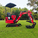 side view of red MechMaxx MEC10 mini excavator with Honda GX390 engine and extended digging arm on grass field gallery 1