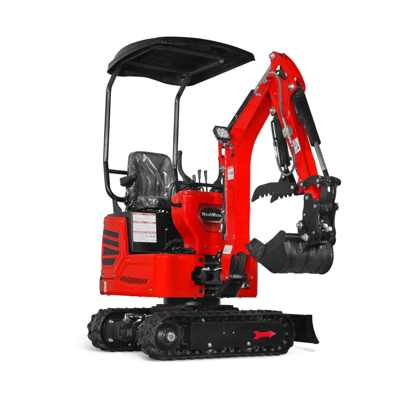 angled view of red MechMaxx MEC10 mini excavator with canopy roof and hydraulic thumb attachment gallery position 1