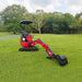 red MechMaxx MEC10 mini excavator with canopy and Honda GX390 engine parked on grass with digging arm extended gallery position 1
