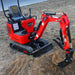 red MechMaxx MEC10 mini excavator with Honda GX390 engine digging in soil with digging arm extended gallery position 1