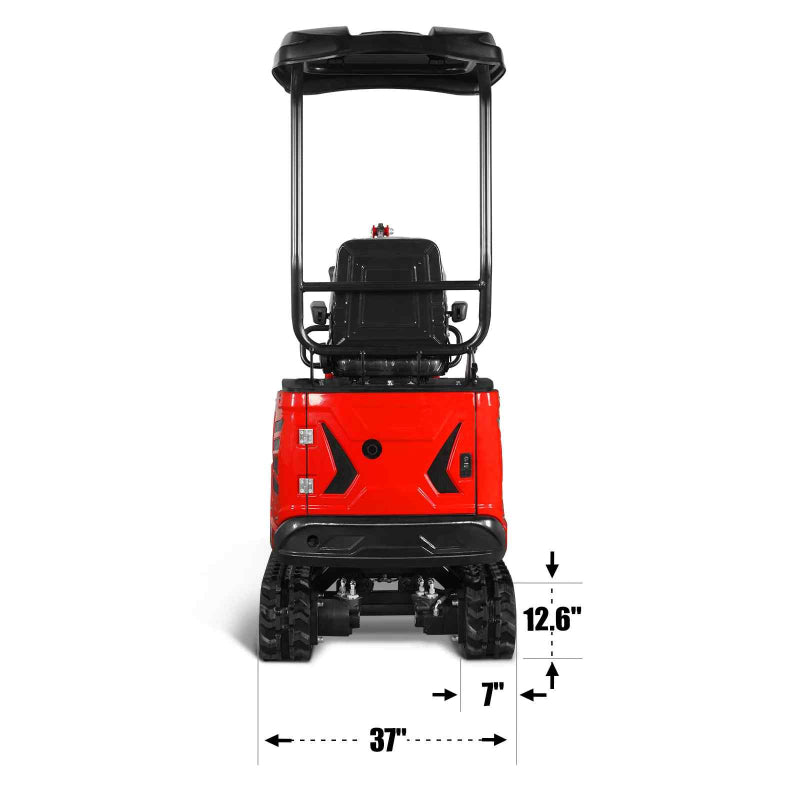 rear view of red MechMaxx MEC10 mini excavator with Honda GX390 engine showing track width and clearance dimensions gallery 1