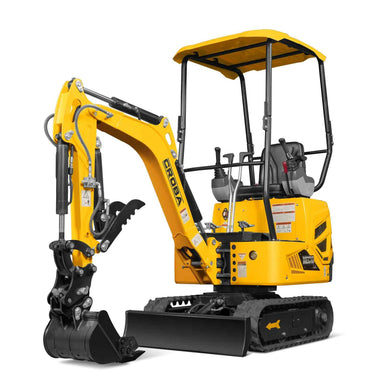 right side view of yellow compact mini excavator with open canopy and digging bucket lowered gallery position 1