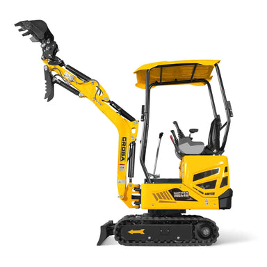 left profile of yellow MechMaxx MEC10 mini excavator with canopy and digging bucket lifted gallery position 1