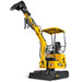 yellow MechMaxx MEC12 mini excavator with Kubota D722 engine, raised arm, open operator canopy, and blade gallery position 1