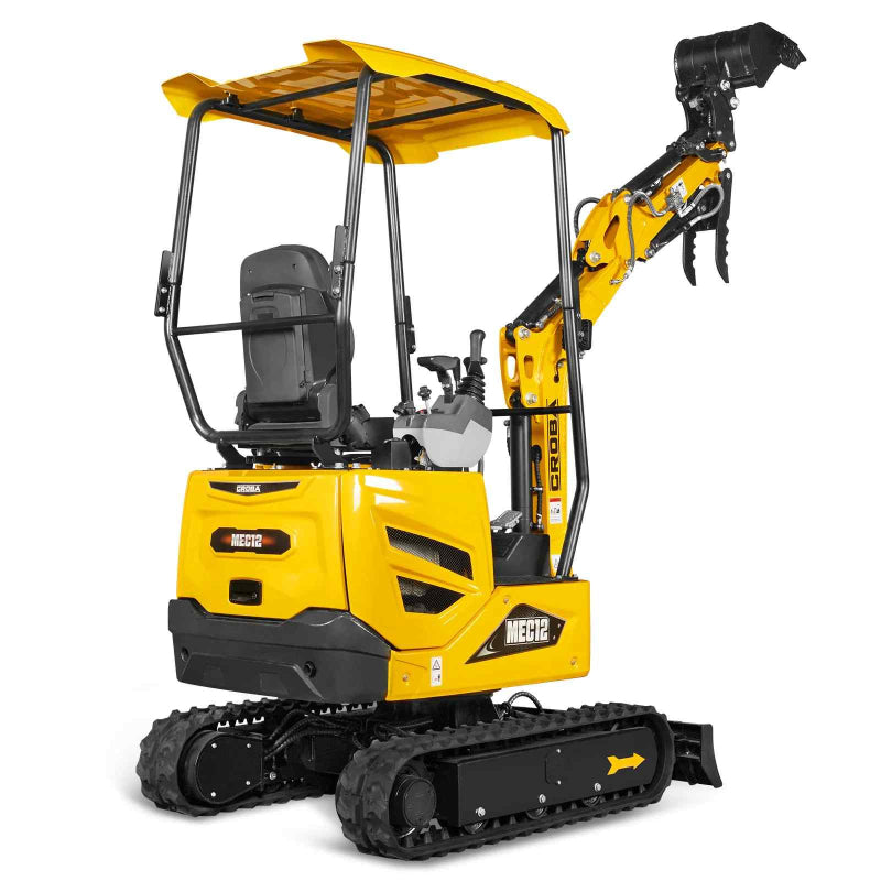 yellow MechMaxx MEC12 mini excavator with Kubota D722 engine, open operator frame, raised boom, and grapple attachment gallery position 1