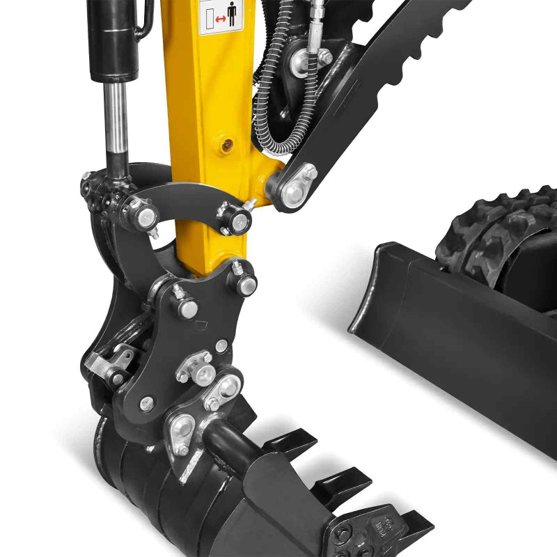 close-up of hydraulic linkage, digging bucket teeth, and boom arm on MechMaxx MEC12 mini excavator gallery position 1