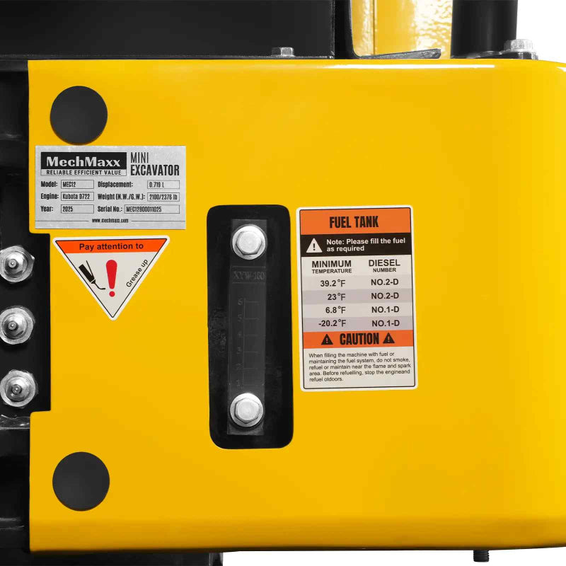 close-up of yellow MechMaxx MEC12 mini excavator fuel tank panel with warning and fuel type labels gallery position 1