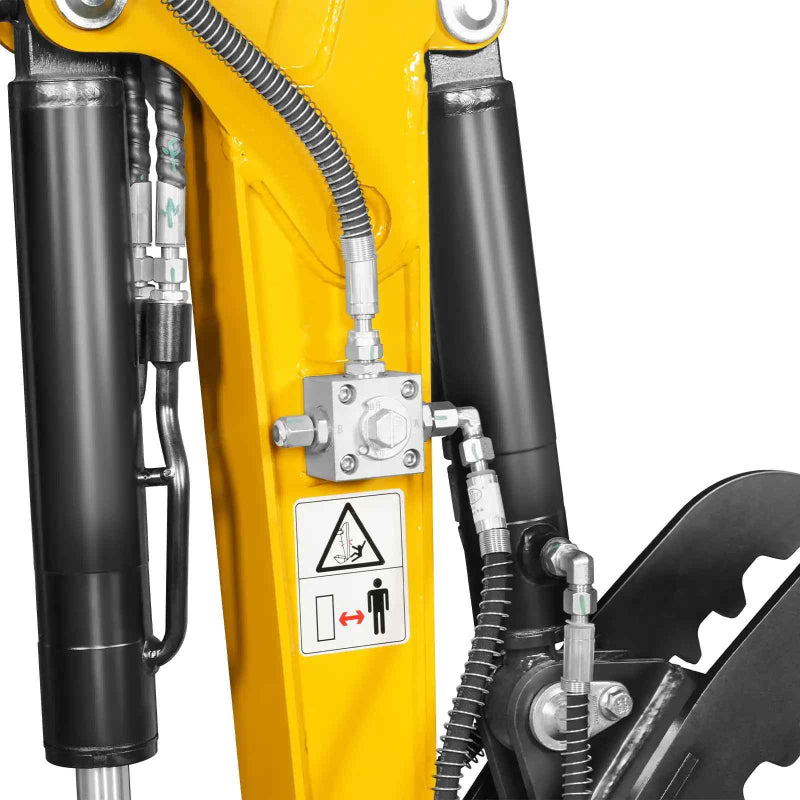 close-up of hydraulic cylinders, hoses, and warning label on boom arm of MechMaxx MEC12 mini excavator gallery position 1