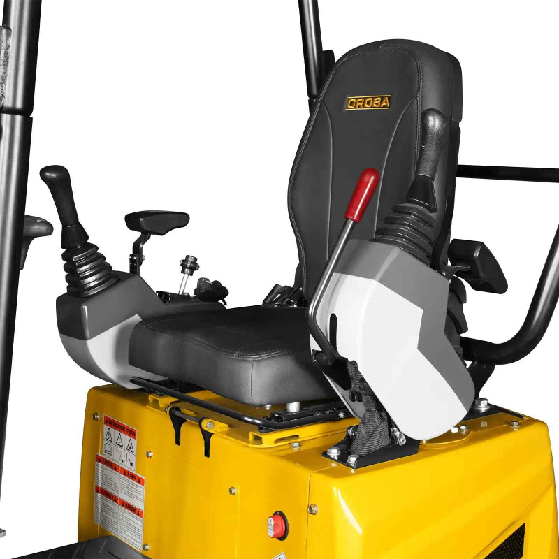 operator seat with control levers and safety labels on yellow MechMaxx MEC12 mini excavator gallery position 1