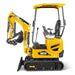 side profile of yellow MechMaxx MEC12 mini excavator with canopy, control levers, and rubber tracks gallery position 1