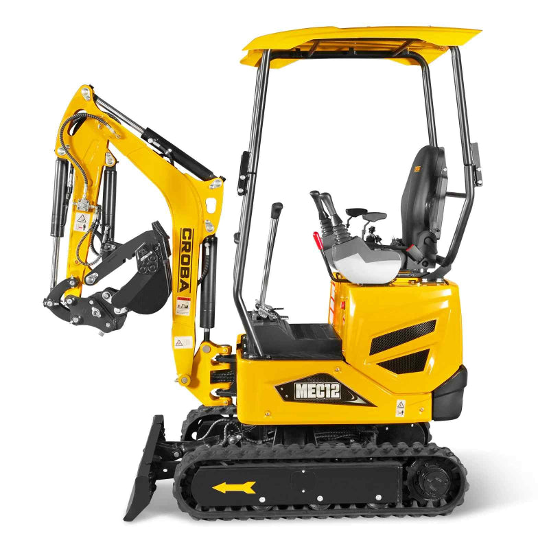 side profile of yellow MechMaxx MEC12 mini excavator with canopy, control levers, and rubber tracks gallery position 1