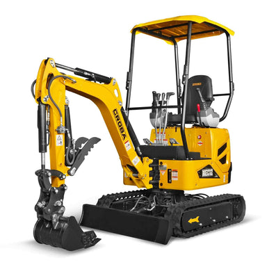 yellow MechMaxx MEC12 mini excavator with Kubota D722 engine, open canopy, and digging bucket gallery position 1