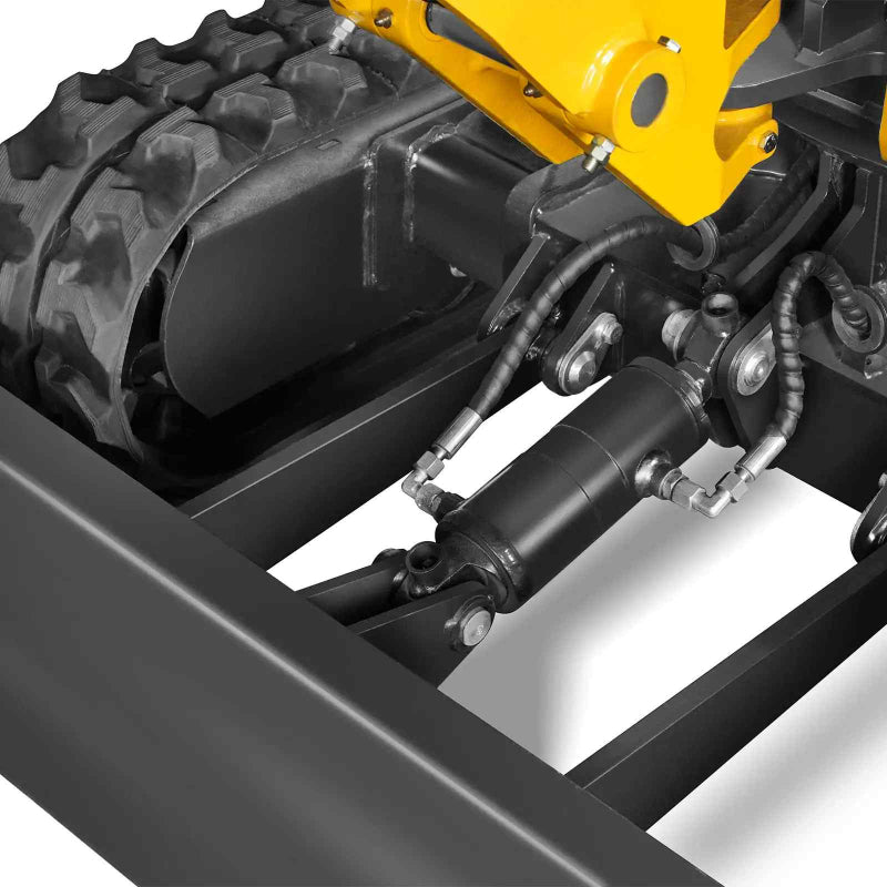 close-up of hydraulic cylinder, hoses, and steel frame on front blade assembly of MechMaxx MEC12 mini excavator gallery position 1