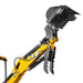 close-up of yellow MechMaxx MEC12 mini excavator boom arm with hydraulic cylinders and mechanical grapple attachment gallery position 1