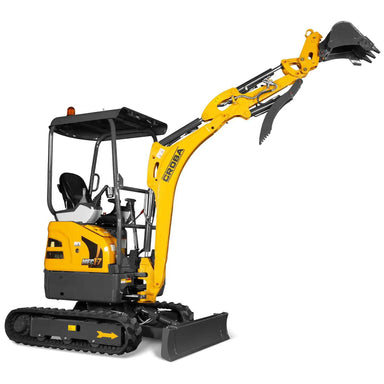 side view of yellow MechMaxx MEC17 mini excavator with Kubota engine and rubber tracks gallery position 1
