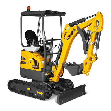 front and side view of yellow MechMaxx MEC17 mini excavator with open operator cage and rubber tracks gallery position 1
