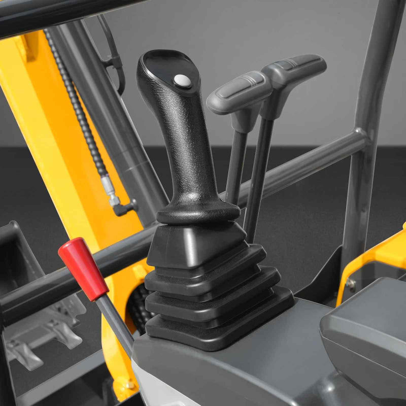 close-up of joystick controls and red lever on yellow MechMaxx MEC17PRO mini excavator operator station gallery position 1
