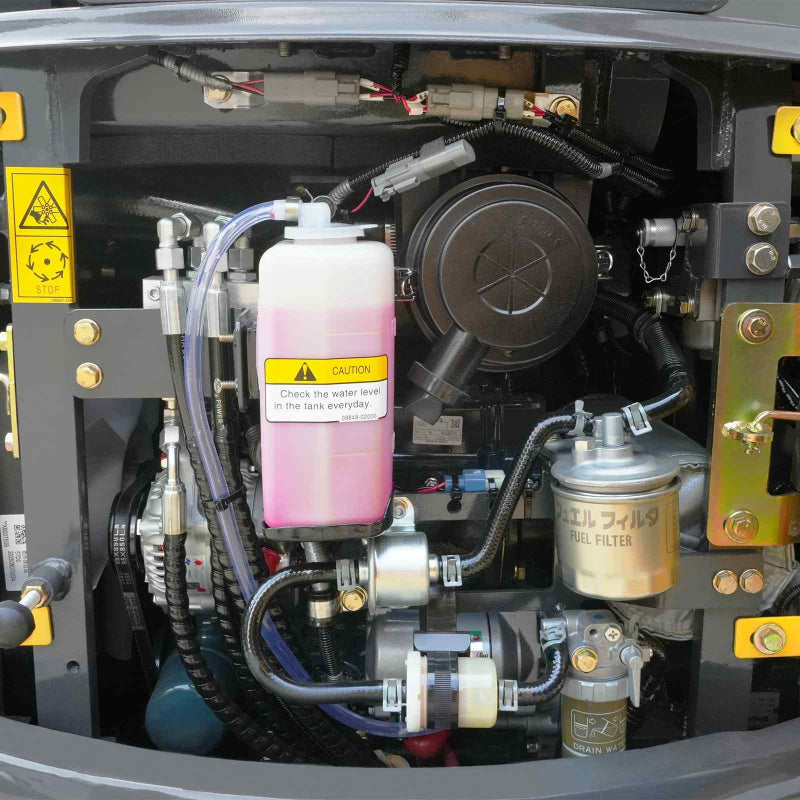 close-up of Kubota D902 engine components with coolant tank and fuel filter on MechMaxx MEC17PRO gallery position 1