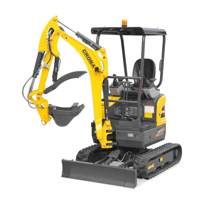 front angle view of yellow MechMaxx MEC17PRO mini excavator with Kubota engine and open cab gallery position 1