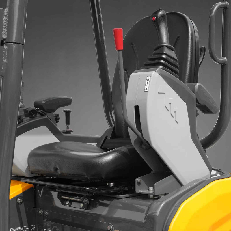 close-up of operator seat, red control lever, and joystick on MechMaxx MEC17PRO mini excavator gallery position 1