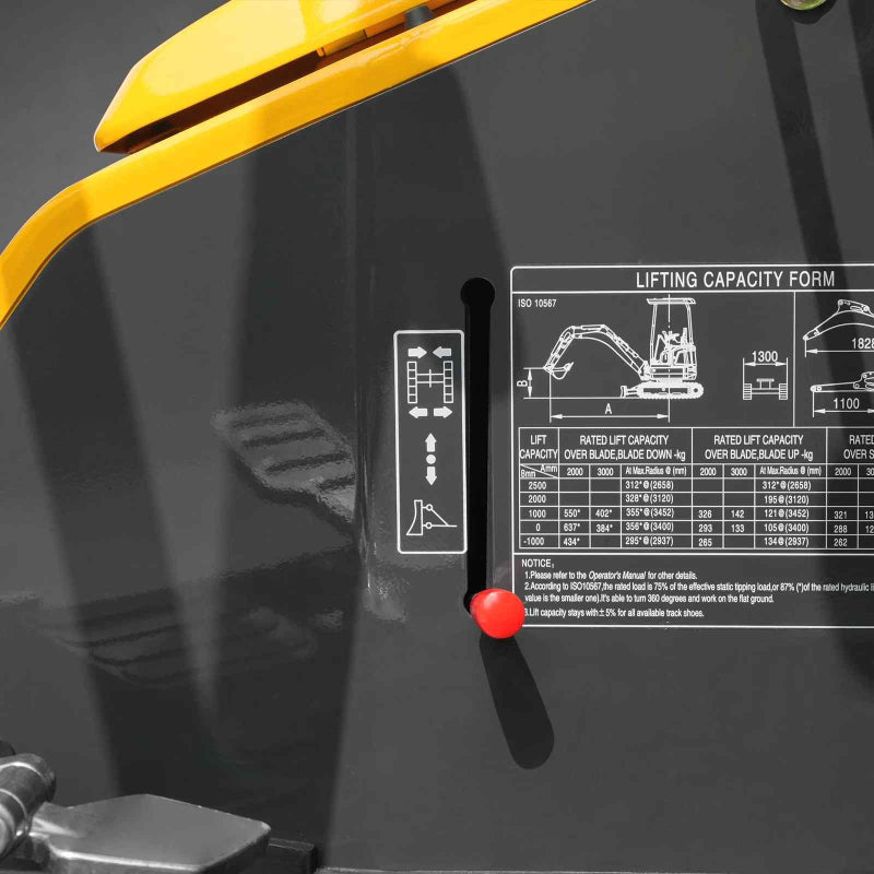 close-up of lifting capacity form and mechanical lever on yellow MechMaxx MEC17PRO mini excavator gallery position 1