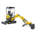 angled left view of yellow MechMaxx MEC17PRO mini excavator with Kubota engine and open canopy gallery position 1
