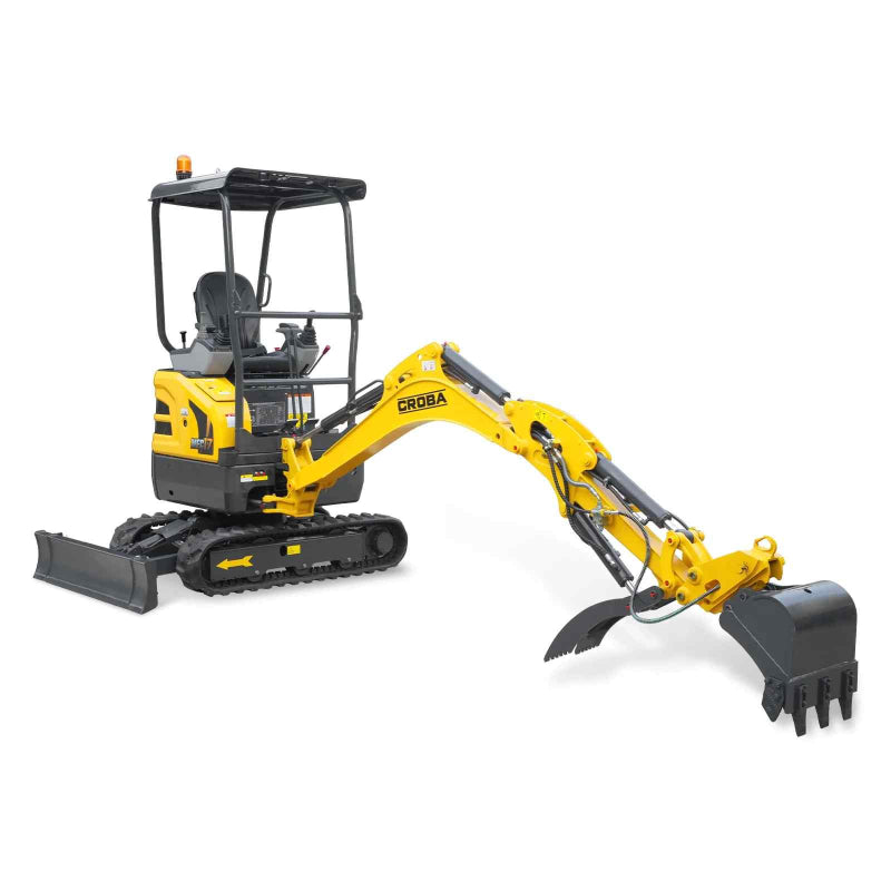 angled left view of yellow MechMaxx MEC17PRO mini excavator with Kubota engine and open canopy gallery position 1