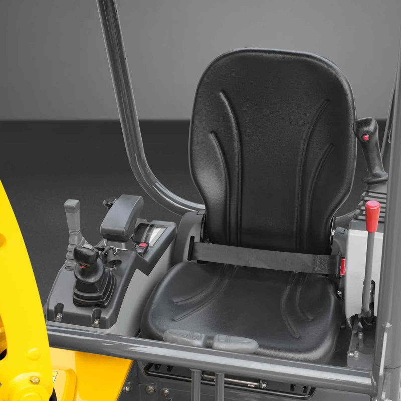 close-up of black operator seat, red safety lever, and control joysticks on MechMaxx MEC17PRO mini excavator gallery position 1