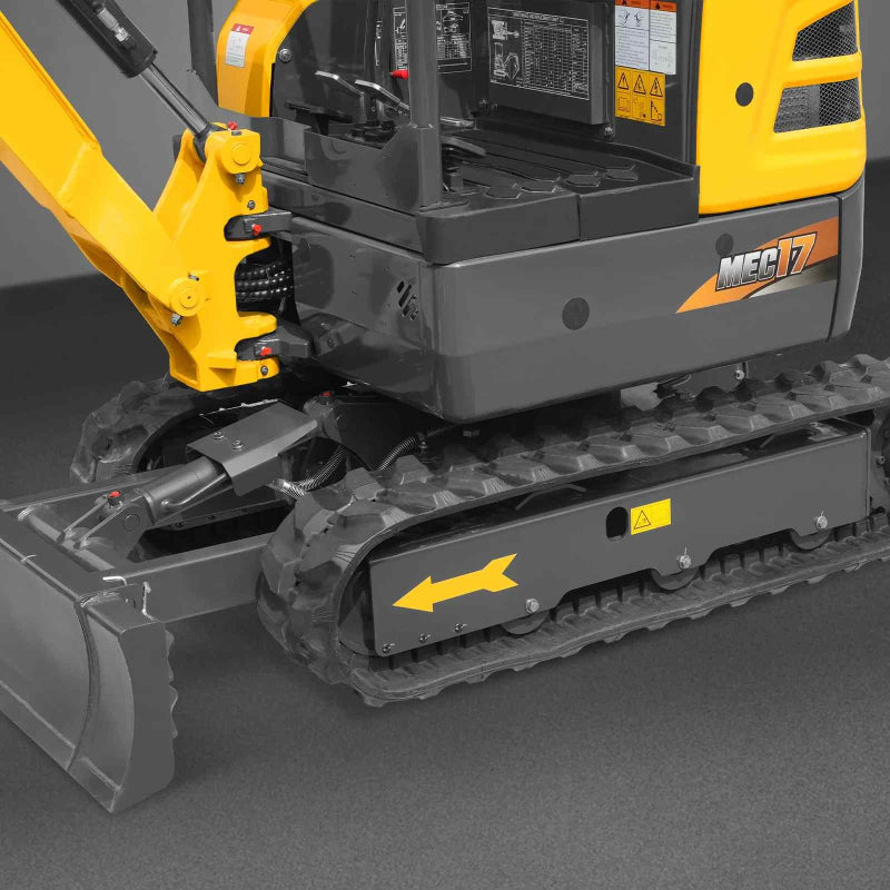 close-up of undercarriage, rubber tracks, and blade assembly on MechMaxx MEC17PRO mini excavator gallery position 1