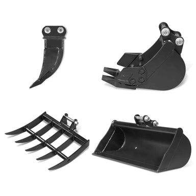 four black mini excavator attachments including ripper, digging bucket, grading rake, and trenching bucket in gallery position 1