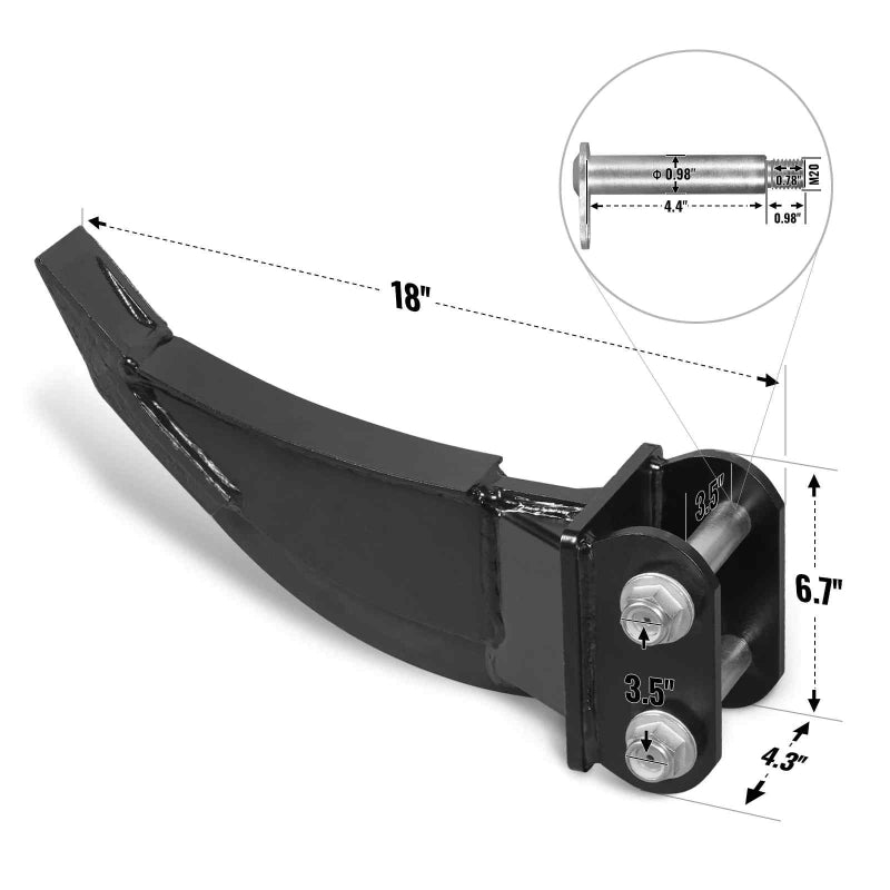 black ripper attachment for mini excavator showing 18-inch length and pin dimensions close-up gallery position 1