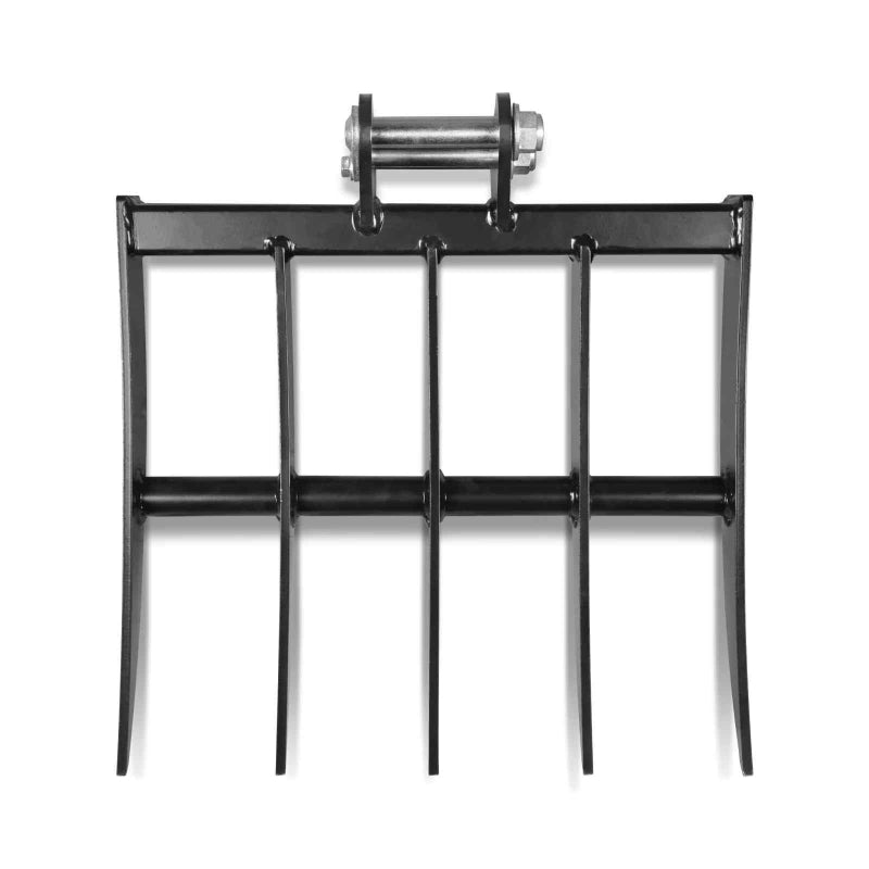 black mini excavator root rake attachment with four straight tines and mounting pin hardware gallery position 1