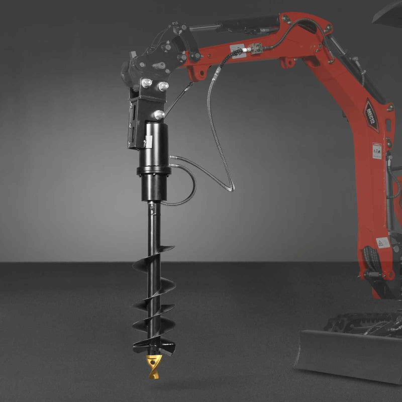 red mini excavator fitted with 32x8 inch auger attachment with metal drill bit and hydraulic hoses gallery position 1