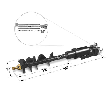 32-inch auger attachment with 1.3-inch drill head and detailed pin dimensions for mini excavator gallery position 1