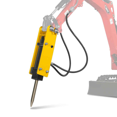 yellow hydraulic hammer breaker attachment with chisel and hydraulic hoses on mini excavator arm gallery position 1