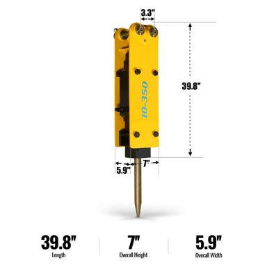 yellow hydraulic hammer breaker attachment with chisel and dimensional measurements gallery position 1