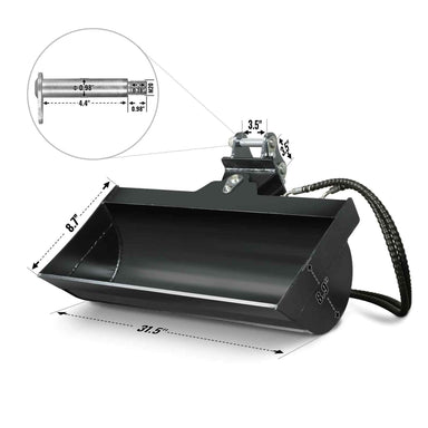 black 32-inch tilt bucket attachment with hydraulic hose and detailed pin dimensions isolated on white gallery position 1