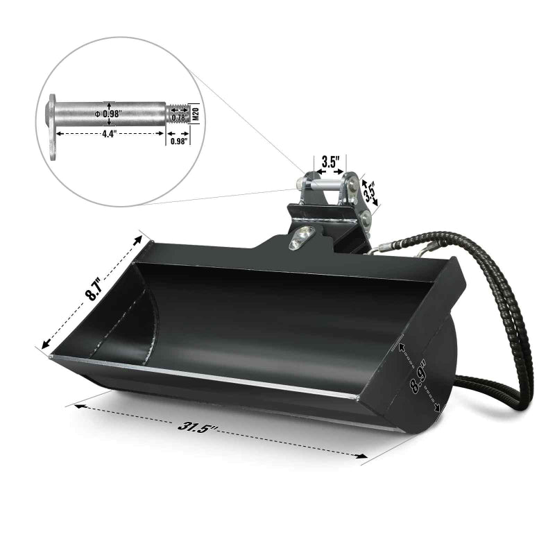 black 32-inch tilt bucket attachment with hydraulic hose and detailed pin dimensions isolated on white gallery position 1