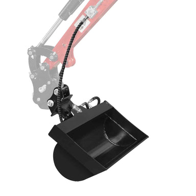 black 32-inch tilt bucket attachment mounted on mini excavator arm with hydraulic lines visible gallery position 1