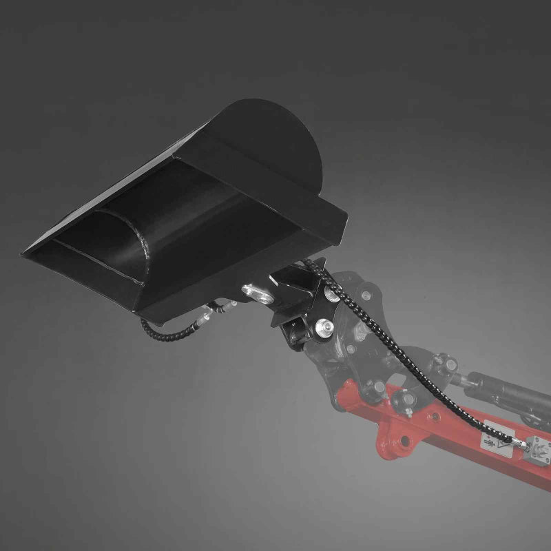 black 32-inch MechMaxx tilt bucket attachment with hydraulic lines on mini excavator arm gallery position 1