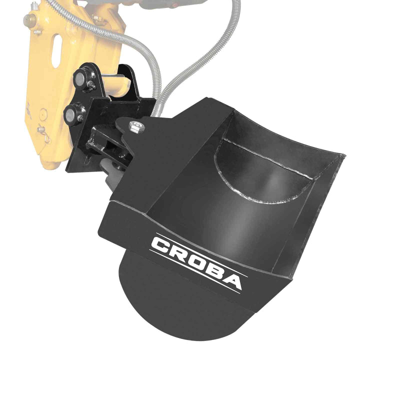 Croba tilting bucket attachment with mounting bracket and hydraulic hoses, angled side view gallery position 1
