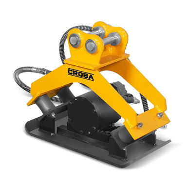 MechMaxx compactor attachment angled front view with yellow mounting frame and hydraulic hoses gallery position 1