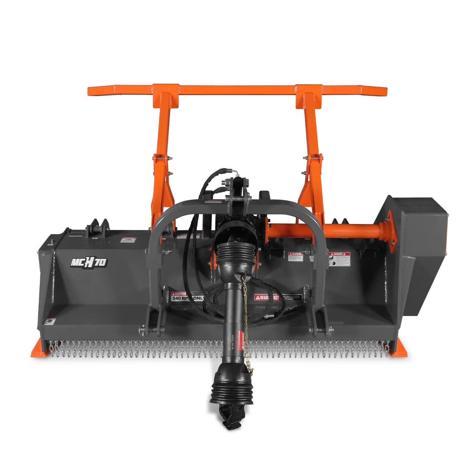 Orange and black PTO mower attachment with front chain curtain, central shaft, wide deck, and raised support arms