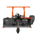 Orange and black PTO mower attachment with front chain curtain, central shaft, wide deck, and raised support arms