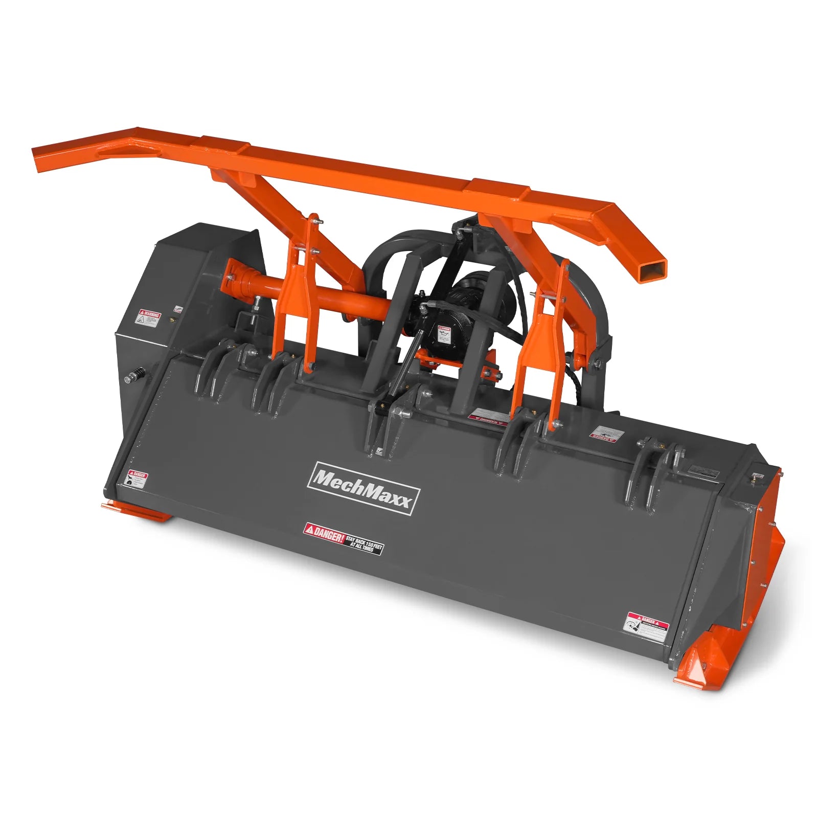 Orange and black brush cutter attachment with wide cutting deck, protective chains, and hydraulic hoses
