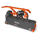 Orange and black brush cutter attachment with wide cutting deck, protective chains, and hydraulic hoses